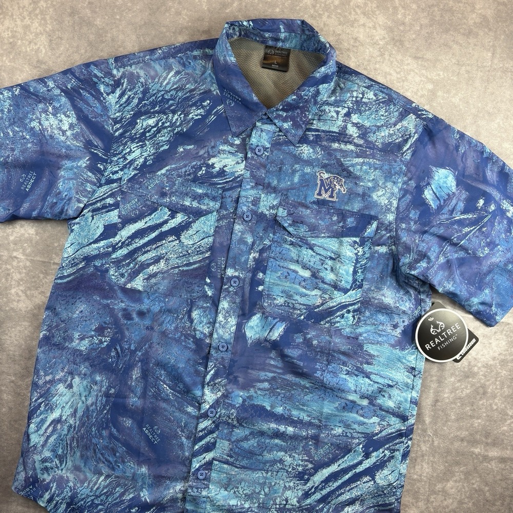 Memphis Tigers Button Up Shirt Mens L Blue RealTree Fishing Hiking Rare NEW